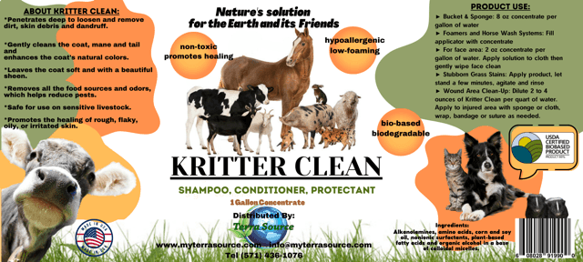 kritter clean, shampoo conditioner and protectant for animals and livestock, non toxic, eco friendly